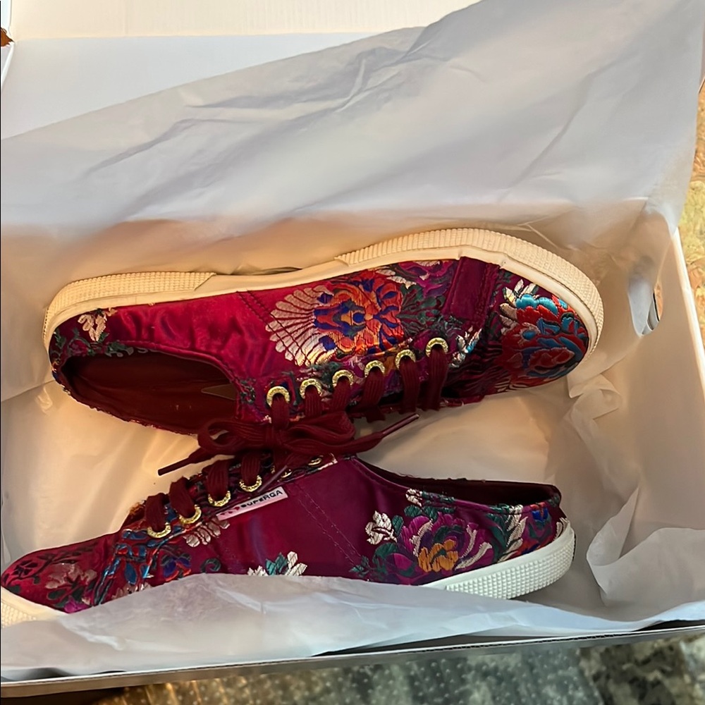 Superga burgundy satin slip on brocade sneakers excellent condition